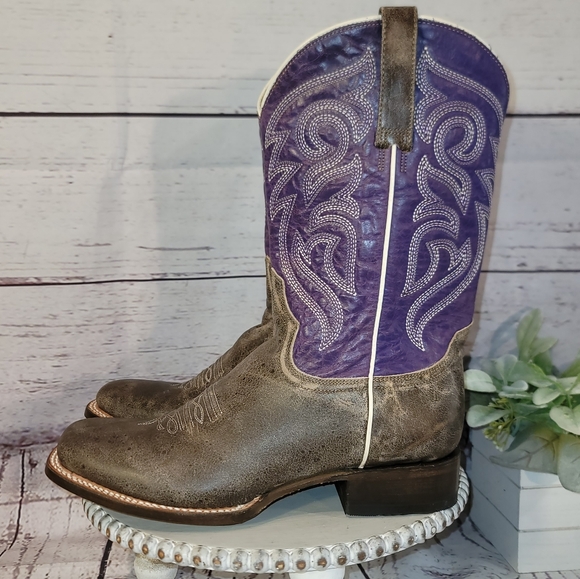 New NWOT Roper Women's Distressed Brown & Purple Leather Square Toe Boots Sz 8.5 - Picture 5 of 16